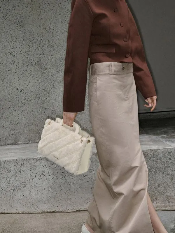 Women Apfra Furry Quilted ChainHandle Tote Bag 8211 Cream CHARLES and KEITH Tote Bags
