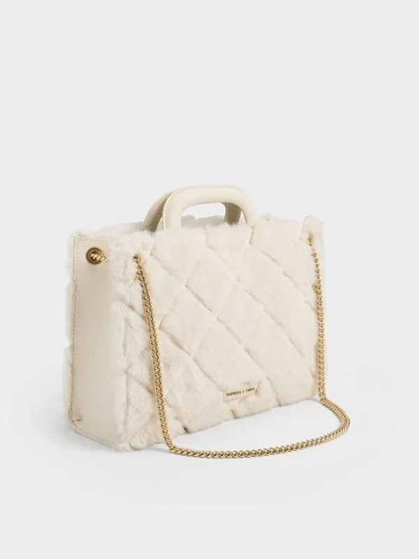 Women Apfra Furry Quilted ChainHandle Tote Bag 8211 Cream CHARLES and KEITH Tote Bags