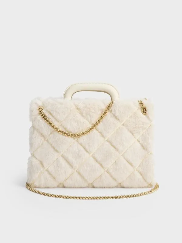 Women Apfra Furry Quilted ChainHandle Tote Bag 8211 Cream CHARLES and KEITH Tote Bags