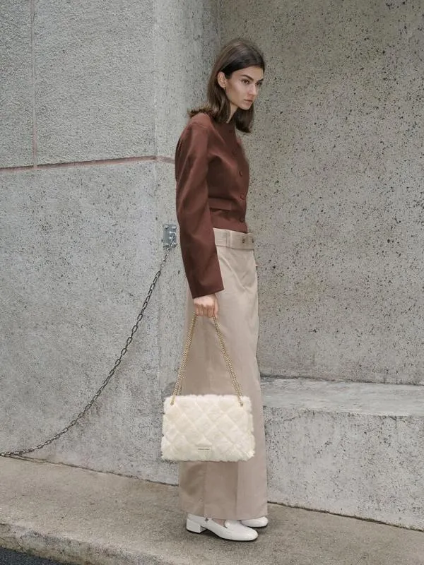 Women Apfra Furry Quilted ChainHandle Tote Bag 8211 Cream CHARLES and KEITH Tote Bags
