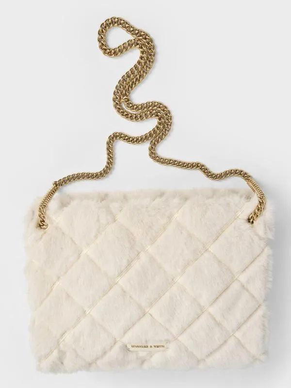 Women Apfra Furry Quilted ChainHandle Tote Bag 8211 Cream CHARLES and KEITH Tote Bags