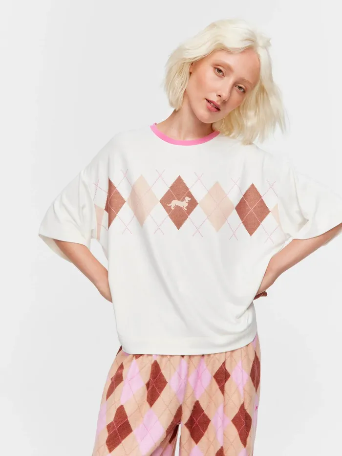 Women Argyle Plush Oversized Tee Cream Peter Alexander Tops