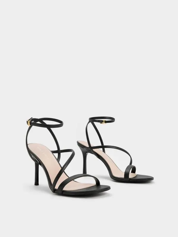 Women Asymmetric Strappy Heeled Sandals 8211 Black CHARLES and KEITH Heels