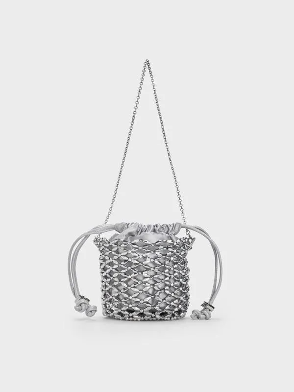Women Beaded ChainHandle Bucket Bag 8211 Silver CHARLES and KEITH Bucket Bags