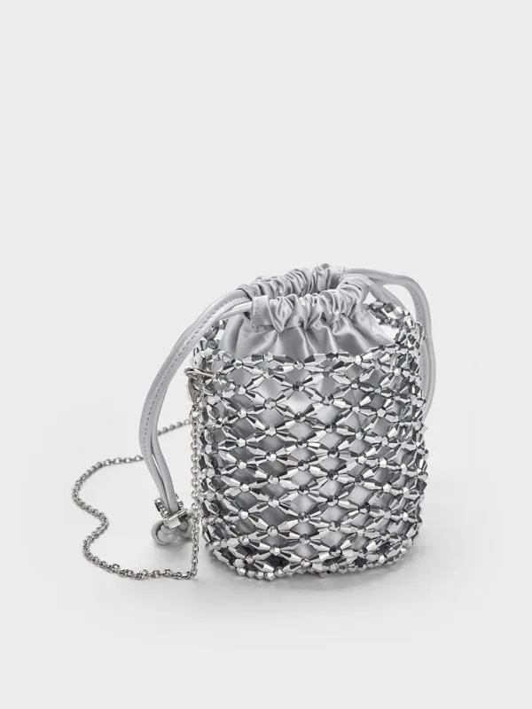 Women Beaded ChainHandle Bucket Bag 8211 Silver CHARLES and KEITH Bucket Bags