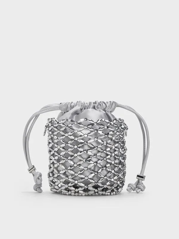 Women Beaded ChainHandle Bucket Bag 8211 Silver CHARLES and KEITH Bucket Bags