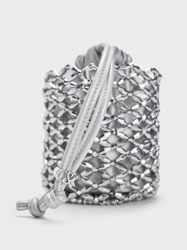 Women Beaded ChainHandle Bucket Bag 8211 Silver CHARLES and KEITH Bucket Bags