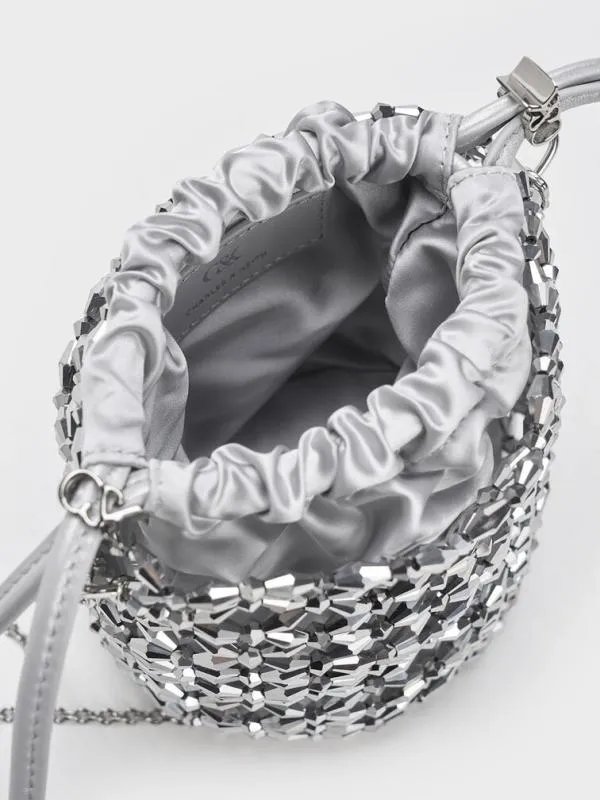 Women Beaded ChainHandle Bucket Bag 8211 Silver CHARLES and KEITH Bucket Bags