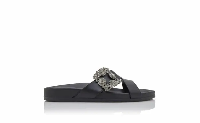 Women Black Calf Leather Jewel Buckle Flat Mules Manolo Blahnik Flats