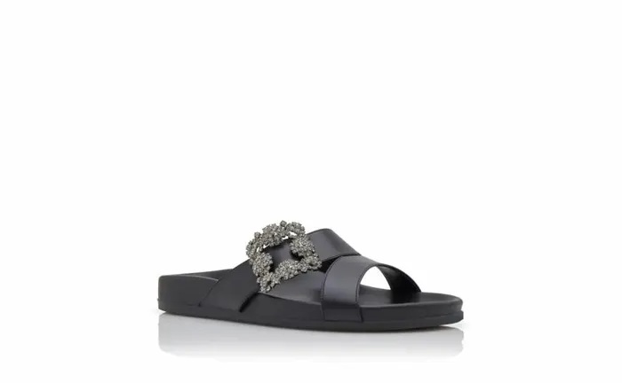 Women Black Calf Leather Jewel Buckle Flat Mules Manolo Blahnik Flats