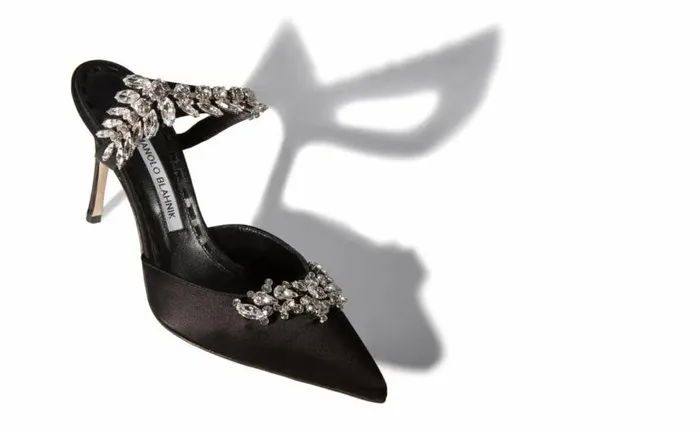 Women Black Satin Crystal Embellished Mules Manolo Blahnik Mules