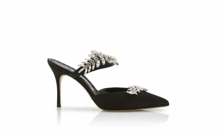 Women Black Satin Crystal Embellished Mules Manolo Blahnik Mules