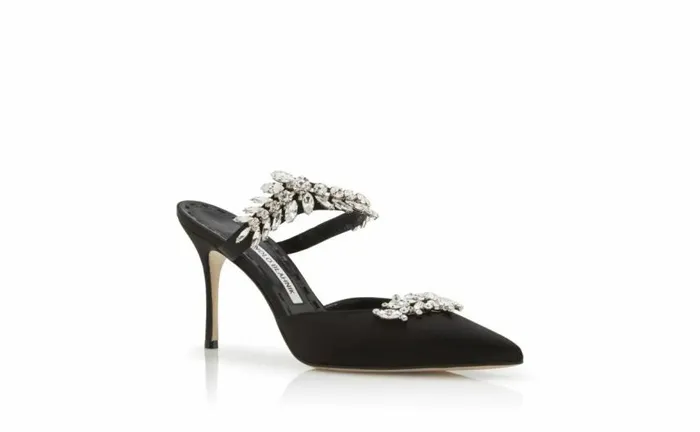 Women Black Satin Crystal Embellished Mules Manolo Blahnik Mules