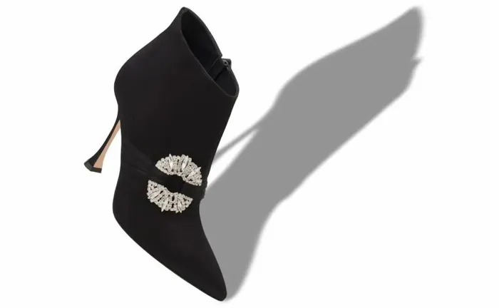 Women Black Satin Embellished Buckle Ankle Boots Manolo Blahnik Boots