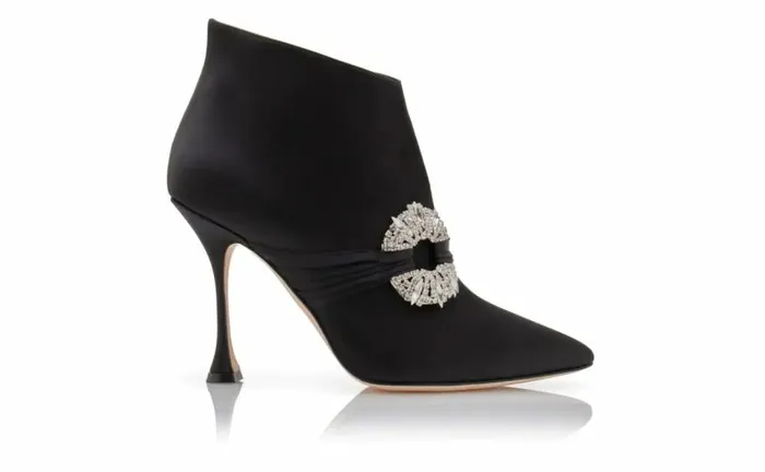 Women Black Satin Embellished Buckle Ankle Boots Manolo Blahnik Boots