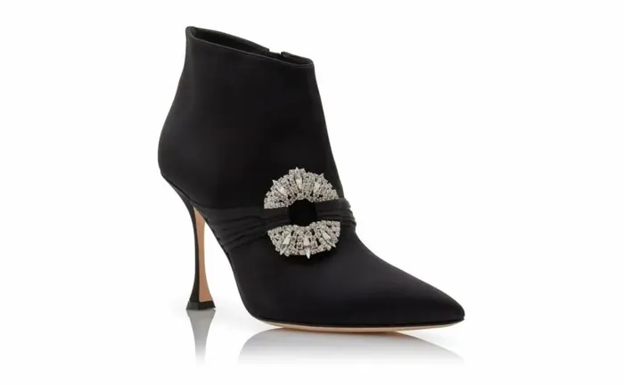 Women Black Satin Embellished Buckle Ankle Boots Manolo Blahnik Boots