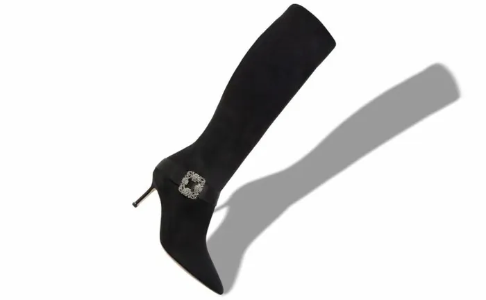 Women Black Suede Jewel Buckle Knee High Boots Manolo Blahnik Boots