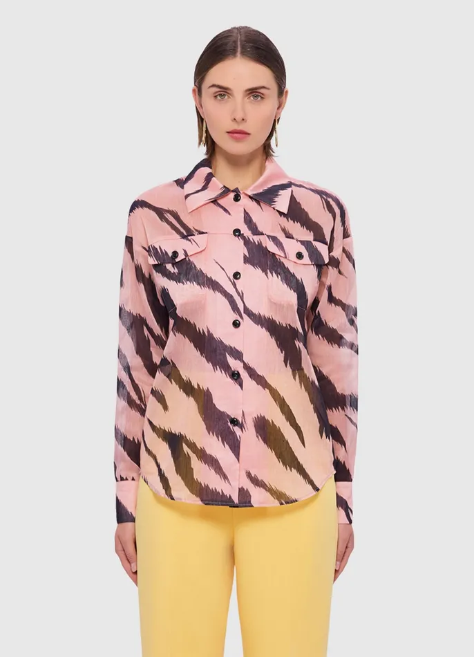 Women Brooklynn Linen Shirt 8211 Tiger Print in Pink Tops and Shirts LEO LIN