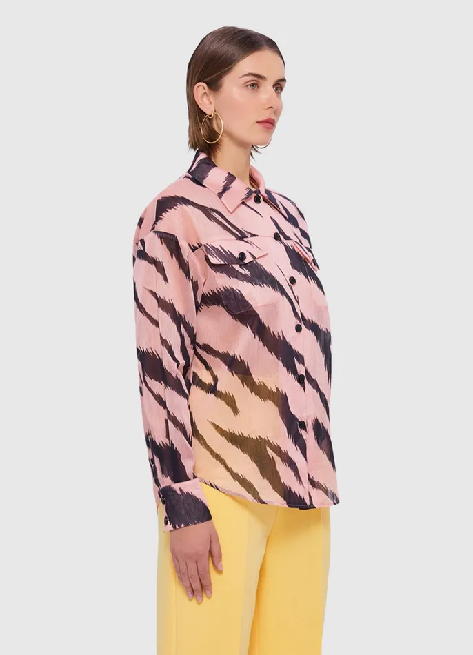 Women Brooklynn Linen Shirt 8211 Tiger Print in Pink Tops and Shirts LEO LIN
