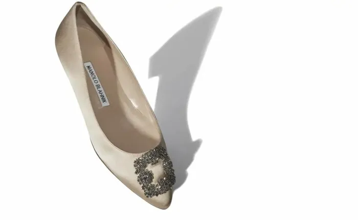 Women Champagne Satin Jewel Buckle Flat Pumps Manolo Blahnik Flats