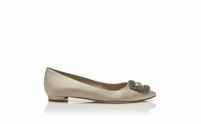 Women Champagne Satin Jewel Buckle Flat Pumps Manolo Blahnik Flats
