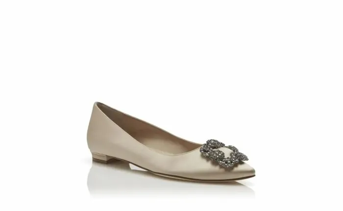 Women Champagne Satin Jewel Buckle Flat Pumps Manolo Blahnik Flats
