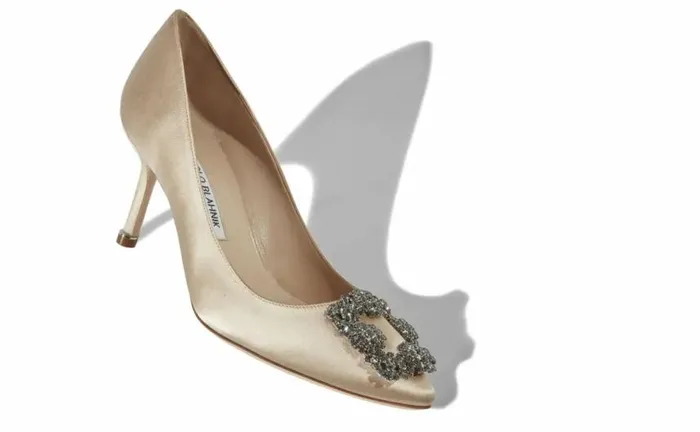 Women Champagne Satin Jewel Buckle Pumps Manolo Blahnik Pumps