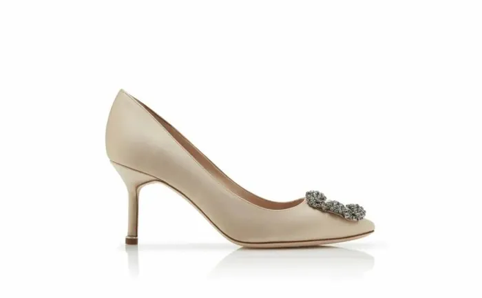Women Champagne Satin Jewel Buckle Pumps Manolo Blahnik Pumps