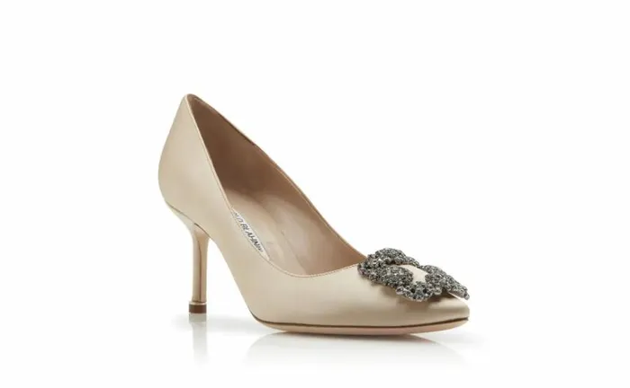 Women Champagne Satin Jewel Buckle Pumps Manolo Blahnik Pumps