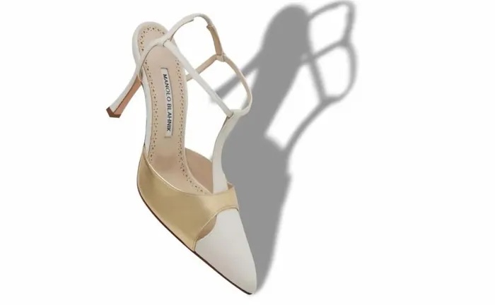 Women Cream And Gold Cotton TBar Pumps Manolo Blahnik Pumps