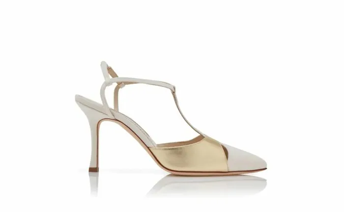 Women Cream And Gold Cotton TBar Pumps Manolo Blahnik Pumps