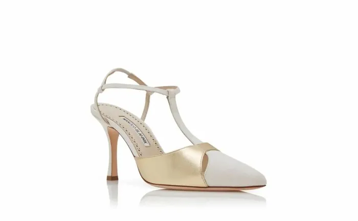 Women Cream And Gold Cotton TBar Pumps Manolo Blahnik Pumps