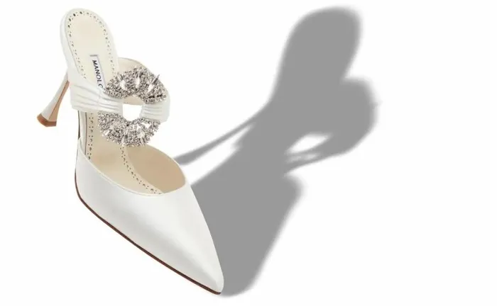 Women Cream Satin Embellished Buckle Mules Manolo Blahnik Mules