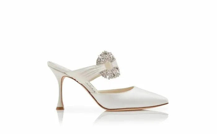 Women Cream Satin Embellished Buckle Mules Manolo Blahnik Mules