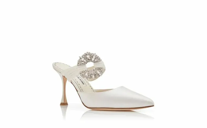 Women Cream Satin Embellished Buckle Mules Manolo Blahnik Mules