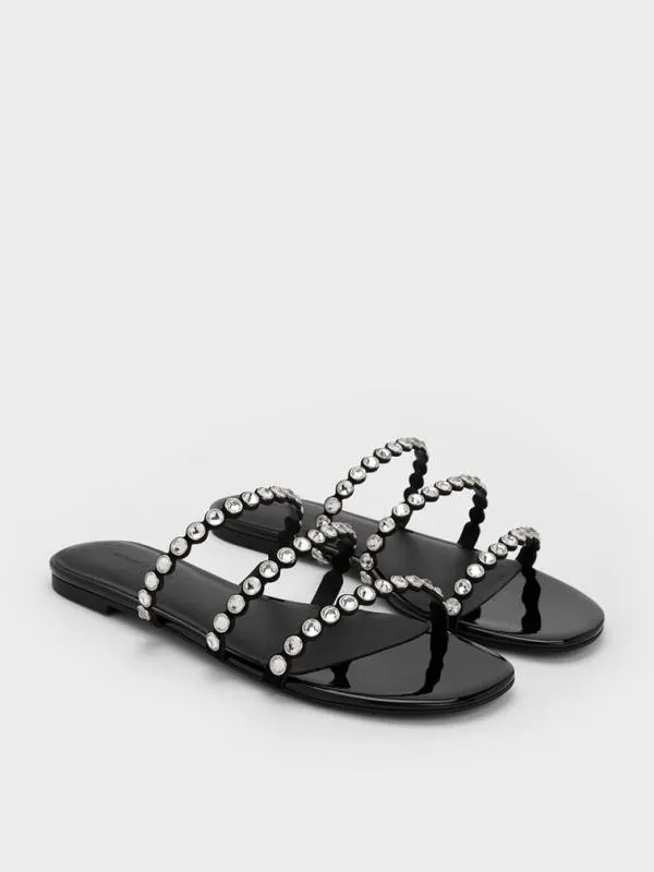 Women CrystalEmbellished TripleStrap Sandals 8211 Black Textured CHARLES and KEITH Sandals