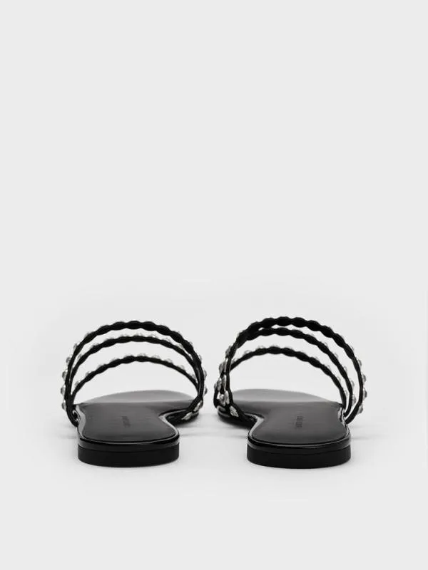 Women CrystalEmbellished TripleStrap Sandals 8211 Black Textured CHARLES and KEITH Sandals