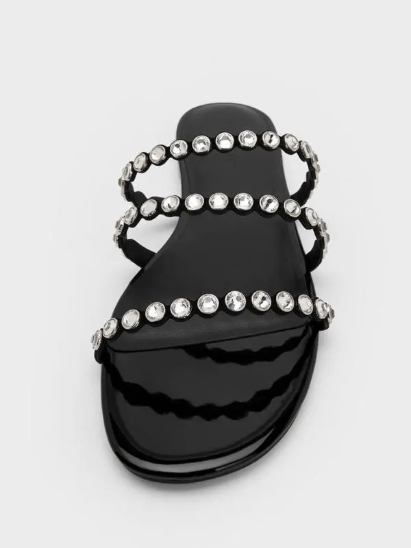 Women CrystalEmbellished TripleStrap Sandals 8211 Black Textured CHARLES and KEITH Sandals