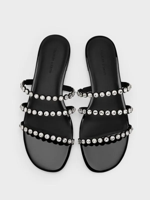 Women CrystalEmbellished TripleStrap Sandals 8211 Black Textured CHARLES and KEITH Sandals