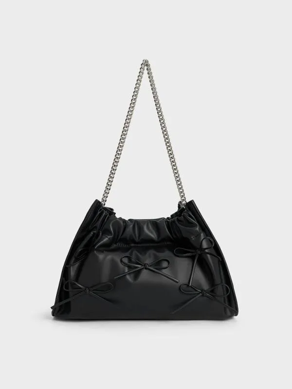 Women Cyrus Bow Ruched ChainHandle Bag 8211 Noir CHARLES and KEITH Shoulder Bags