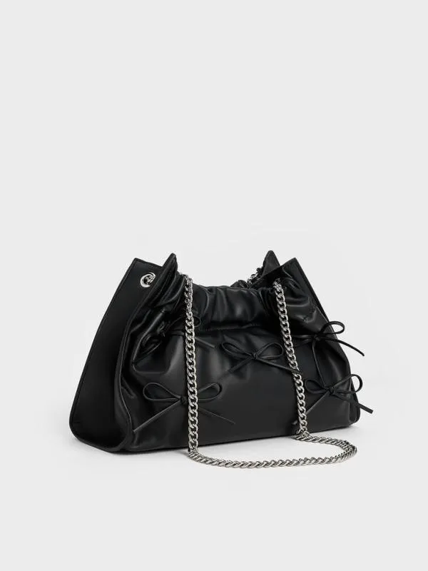 Women Cyrus Bow Ruched ChainHandle Bag 8211 Noir CHARLES and KEITH Shoulder Bags