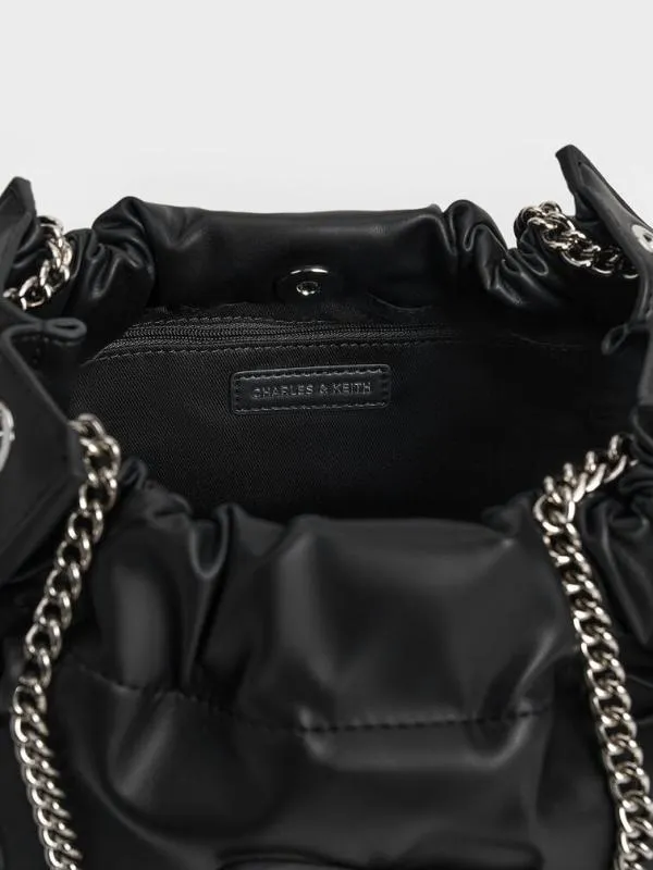 Women Cyrus Bow Ruched ChainHandle Bag 8211 Noir CHARLES and KEITH Shoulder Bags