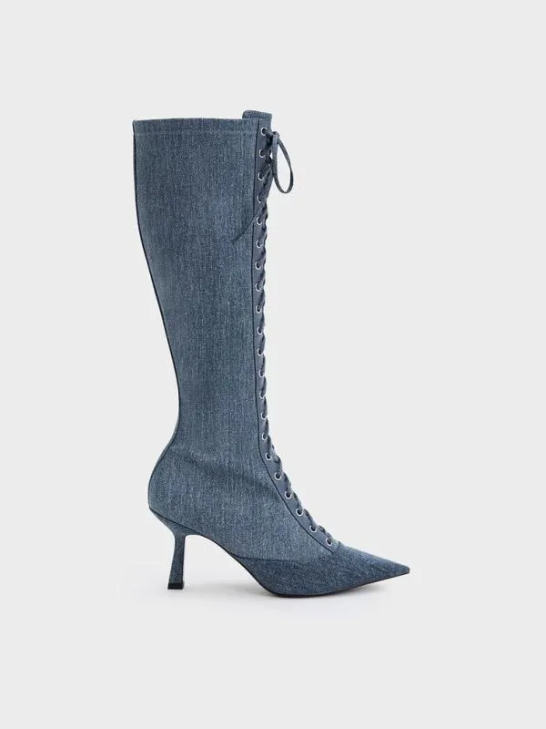 Women Denim LaceUp PointedToe KneeHigh Boots 8211 Denim Blue CHARLES and KEITH Boots Women Denim LaceUp PointedToe KneeHigh Boots 8211 Denim Blue CHARLES and KEITH Boots