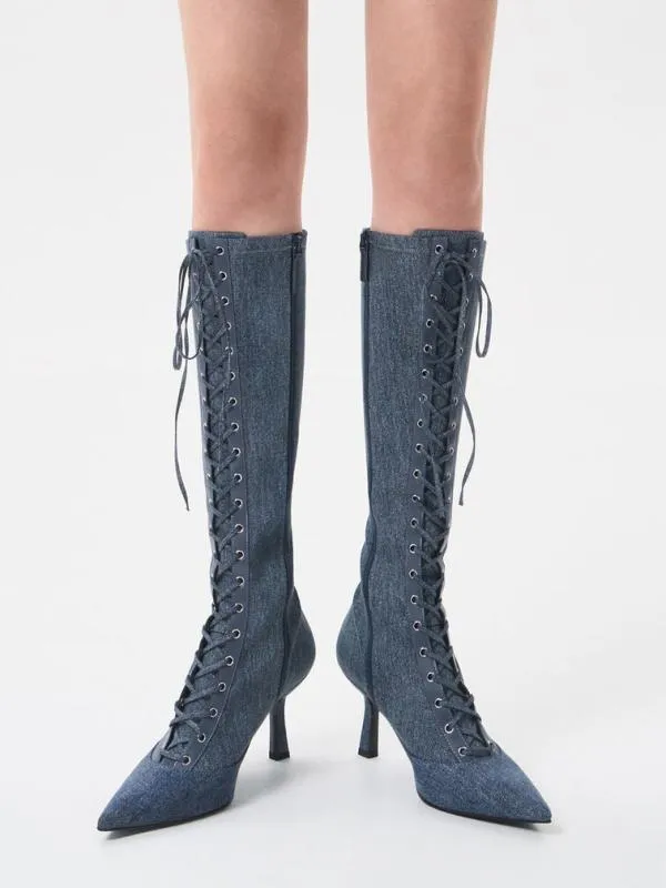 Women Denim LaceUp PointedToe KneeHigh Boots 8211 Denim Blue CHARLES and KEITH Boots