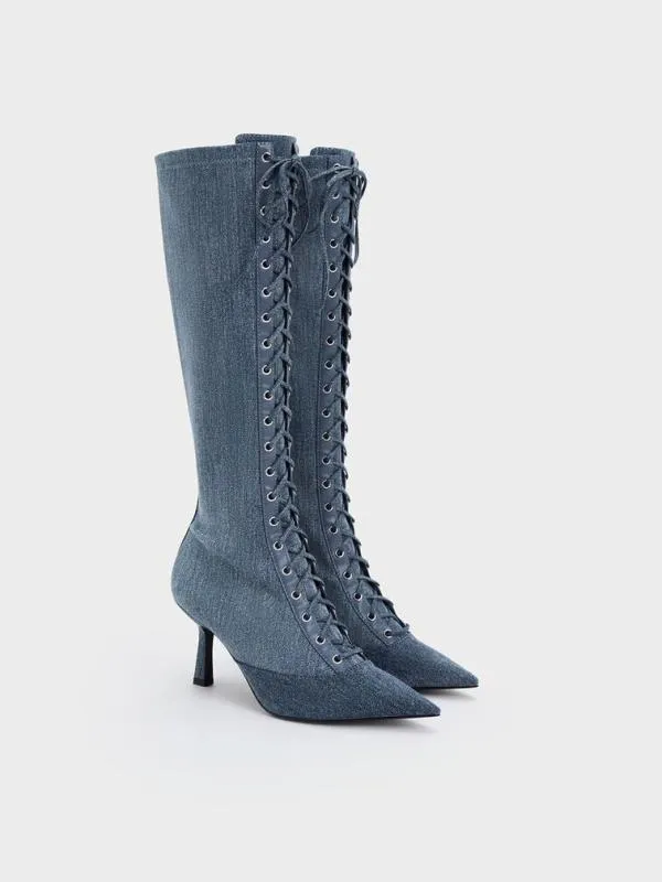 Women Denim LaceUp PointedToe KneeHigh Boots 8211 Denim Blue CHARLES and KEITH Boots