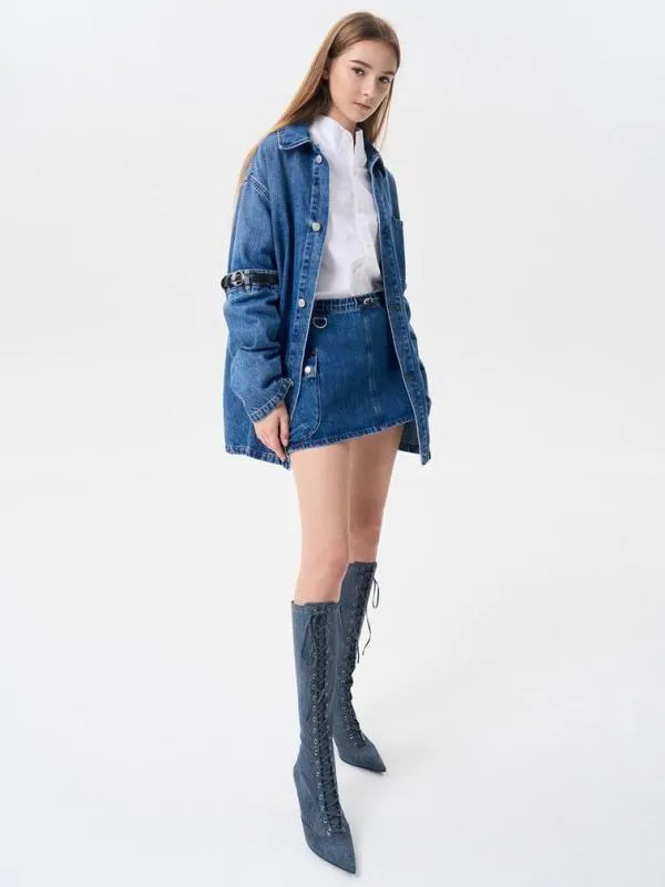 Women Denim LaceUp PointedToe KneeHigh Boots 8211 Denim Blue CHARLES and KEITH Boots