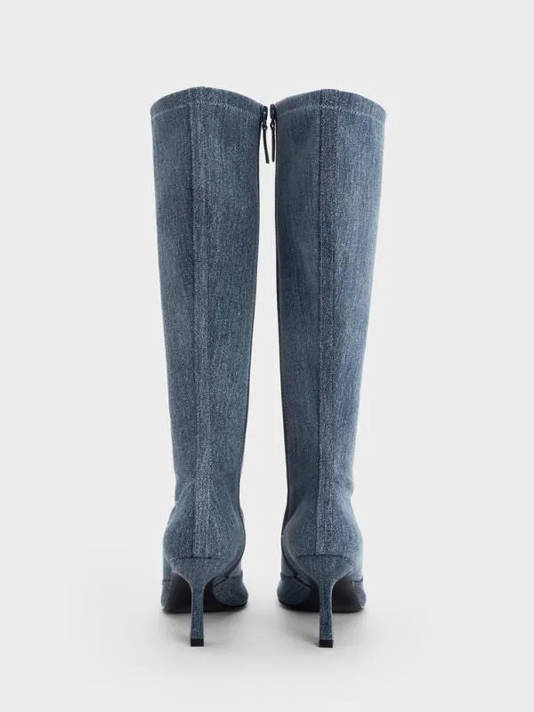 Women Denim LaceUp PointedToe KneeHigh Boots 8211 Denim Blue CHARLES and KEITH Boots