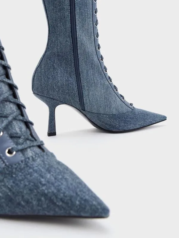 Women Denim LaceUp PointedToe KneeHigh Boots 8211 Denim Blue CHARLES and KEITH Boots