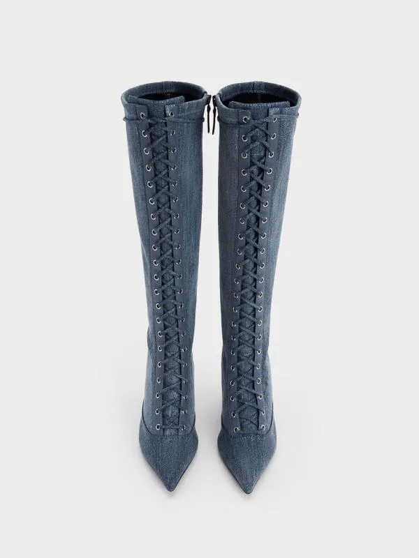 Women Denim LaceUp PointedToe KneeHigh Boots 8211 Denim Blue CHARLES and KEITH Boots