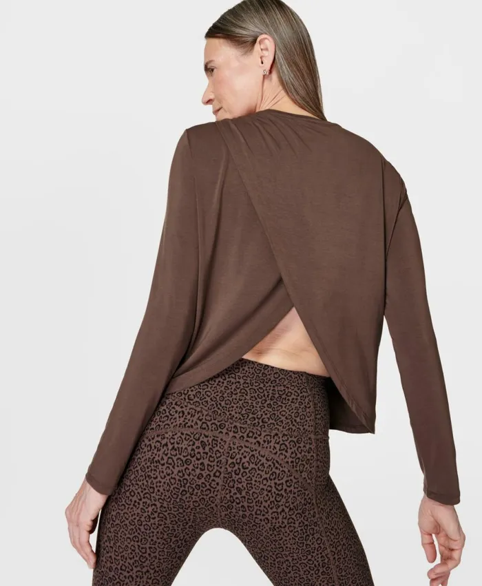 Women Drape Back Long Sleeve Top Walnut Brown Sweaty Betty Long Sleeve Tops
